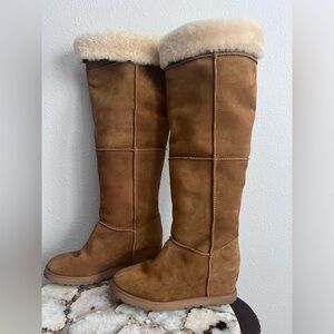 UGG Womens Size 8.5 Femme Over The Knee Chestnut SUEDE Leather Fur Wedge BOOTS